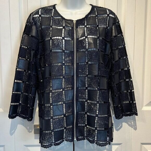 Frank Lyman Navy Blue Patchwork Design Zip Up Jacket Size Small - Picture 2 of 12